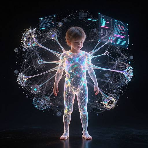 Photograph of a translucent, glowing, wireframe child with interconnected light nodes, standing against a dark, digital background with neon blue and pink holographic