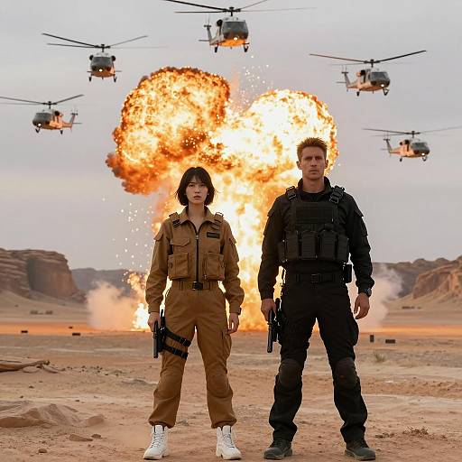 Tactical Duo in Desert with Explosion and Helicopters