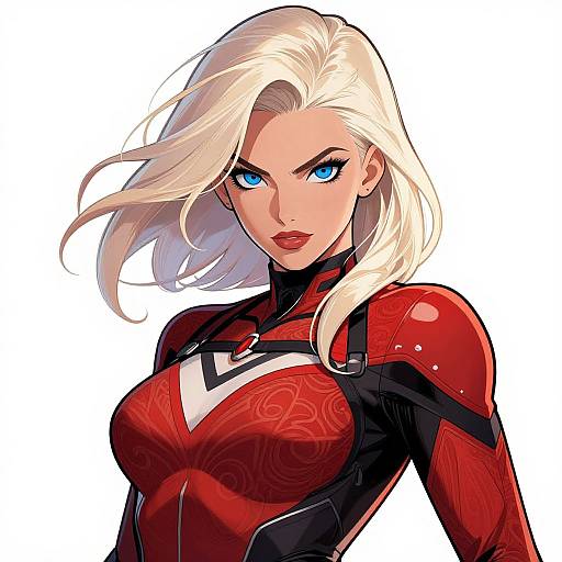 Digital illustration of a fierce, blue-eyed, blonde woman in a red, form-fitting, armored suit with black accents, looking confidently at the viewer