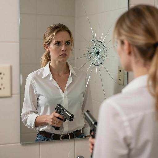 Blonde Woman with Gun in Cracked Mirror