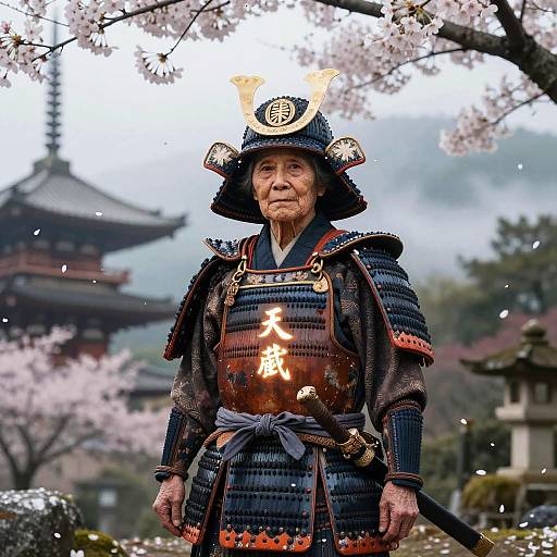 Elderly Samurai Woman at Misty Temple
