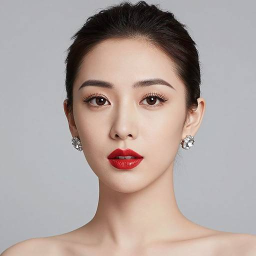 Photograph of a beautiful Asian woman with fair skin, dark hair in a bun, red lipstick, and star-shaped earrings against a light blue background.