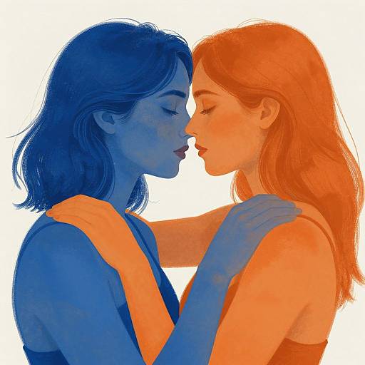 Digital illustration of two women in a tender embrace, one with blue skin and dark hair, the other with orange skin and red hair, touching foreheads