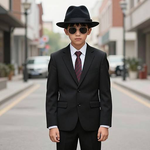 Photograph of a young Asian man in a black suit, red striped tie, black fedora, and aviator sunglasses standing on a city street.