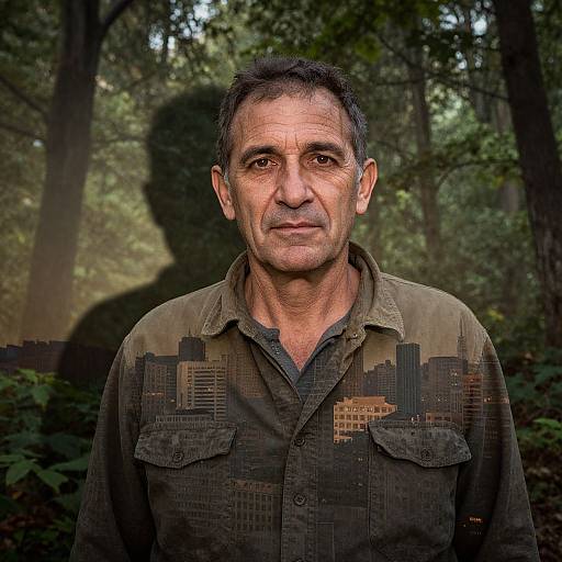 Photograph of middle-aged man with short black hair, olive skin, wearing camouflage shirt with cityscape pattern, standing in dense forest.