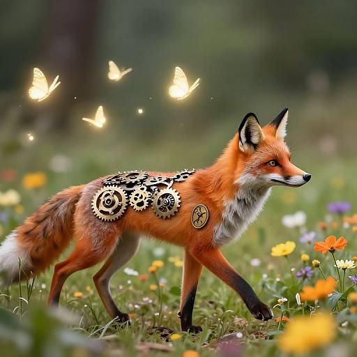 Photograph of a red fox with intricate black gear tattoos, walking through a vibrant meadow with yellow and orange flowers, surrounded by glowing butterflies.