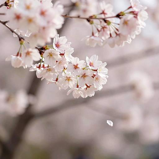 Close-up photograph of delicate white cherry blossoms with pink centers, softly blurred background, sunlight highlighting petals, creating a dreamy, ethereal effect.
