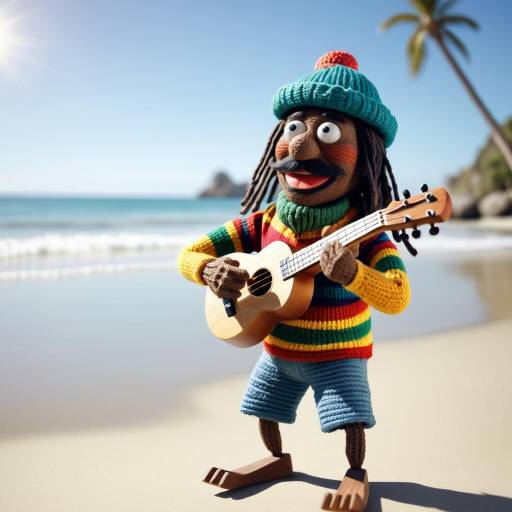 Handmade Puppet Playing Ukulele on Beach