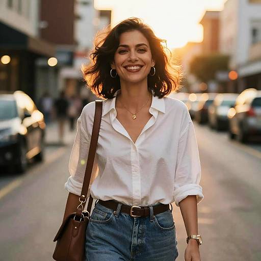 Smiling woman with wavy brown hair, white button-up shirt, blue jeans, brown belt, and brown shoulder bag, walking on sunlit urban