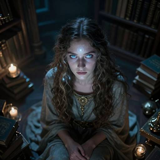Moonlit Seeress in Ancient Library