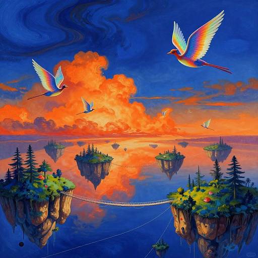 Vibrant digital painting of colorful birds flying over a reflective, orange sunset sky with floating islands, a rope bridge, and tall trees on rocky cliffs
