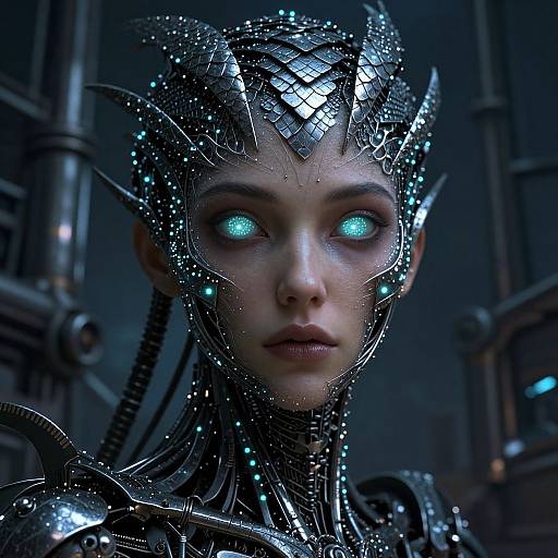 Cyberpunk digital art of a woman with glowing blue eyes, metallic crown, and intricate robotic armor in a dark, industrial background.