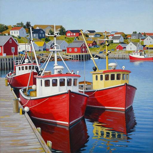 Vibrant photograph of red fishing boats docked on a wooden pier, with colorful houses in the background under a clear blue sky.