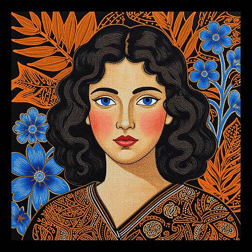 Digital illustration of a fair-skinned woman with curly black hair, blue eyes, and red lips, surrounded by vibrant orange leaves and blue flowers. She