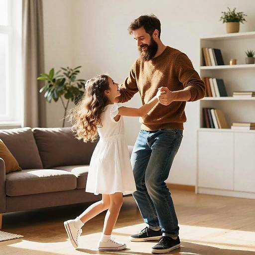 Father and Daughter Sunlit Living Room Dance