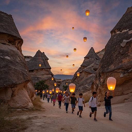 Photograph of a sunset-lit stone village with people releasing glowing paper lanterns, walking between conical-roofed buildings, creating a magical,