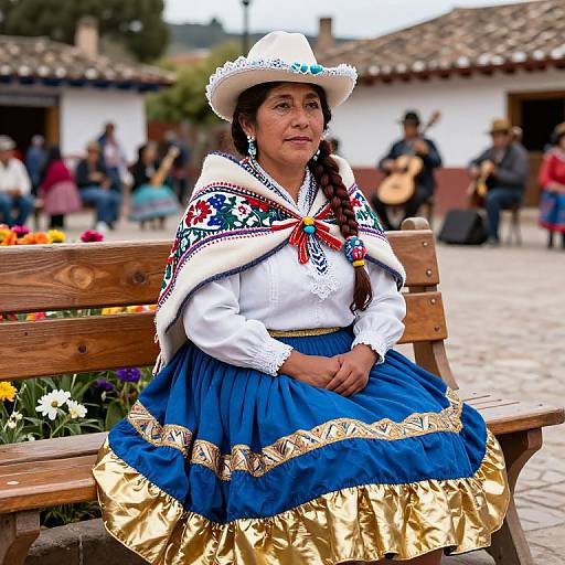 Photograph of a smiling indigenous woman in traditional Andean attire, seated on a wooden bench, with a white hat and colorful shawl, blue skirt