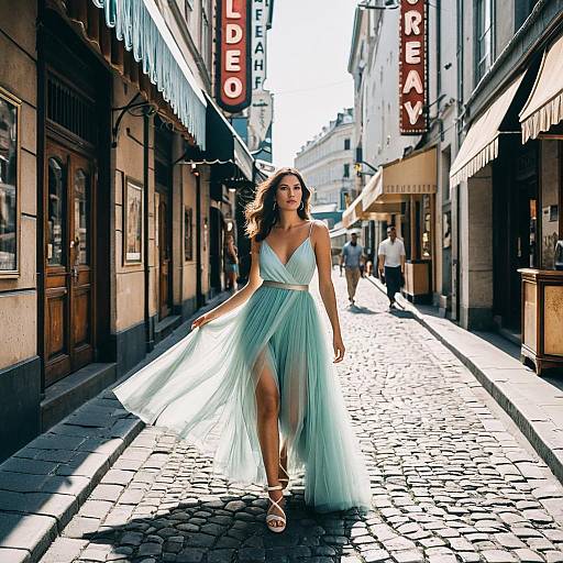 Woman in flowy pastel gown on cobblestone street