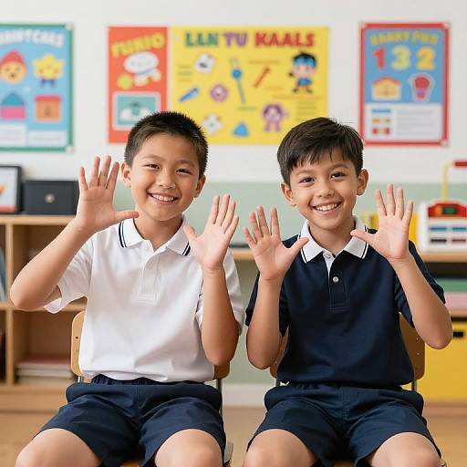 Photograph of two smiling Asian boys in white and navy school uniforms, waving in a brightly lit classroom with colorful educational posters in the background.