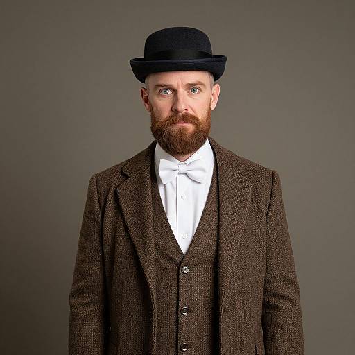 Photograph of a serious, bearded man with blue eyes, wearing a black bowler hat, brown tweed suit, white shirt, and bow