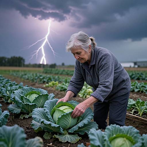 Elderly woman with gray hair, wearing a gray fleece jacket, tends to cabbage plants under a dramatic, lightning-filled stormy sky. Photograph.