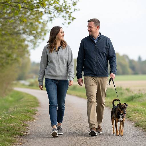 Couple Walking Dog on Trail