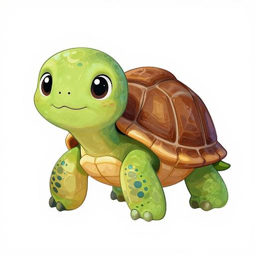 Cute, cartoon-style digital drawing of a green, spotted turtle with large black eyes, a brown shell, and a yellow underbelly, standing