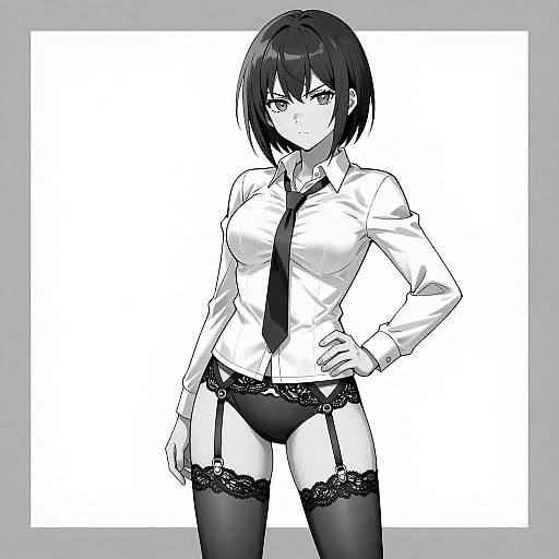 Black-haired anime woman in monochrome, wearing white shirt, black tie, lace garter panties, and thigh-high stockings, stands confidently. Digital drawing