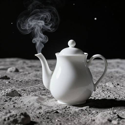 Photograph of a glowing white ceramic teapot with steam rising, placed on a rough, rocky lunar surface against a black, starry background.
