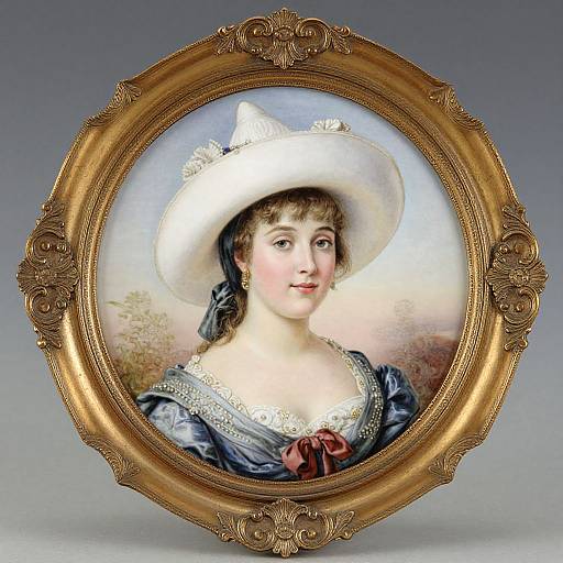 Photograph of an oval, framed, classical portrait painting depicting a fair-skinned woman in a white hat and navy dress with lace trim.