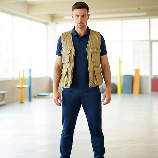 Photograph of a muscular, fair-skinned man with short brown hair, wearing a beige tactical vest over a black polo and pants, standing in a