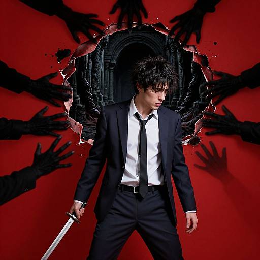 Photograph-style digital art of a serious Asian man in a black suit, holding a sword, standing before a cracked red background with black hand shadows.