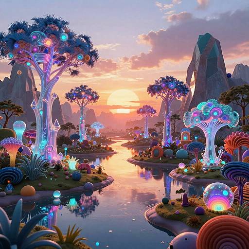 Surreal Neon Landscape with Futuristic Nature