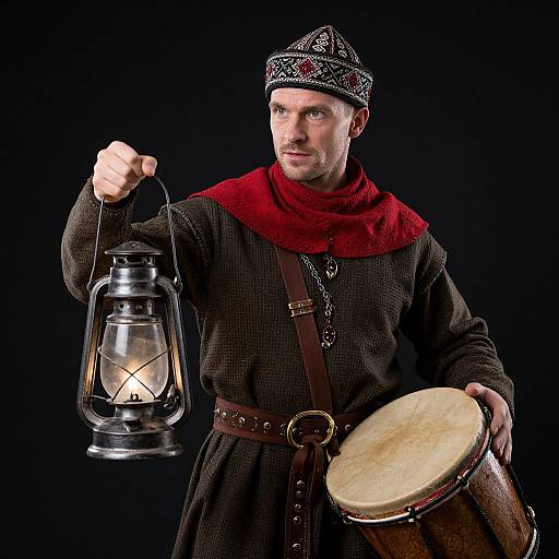 Photograph of a white man in historical attire holding a lantern and drum against a black background, wearing a red scarf and patterned headscarf.