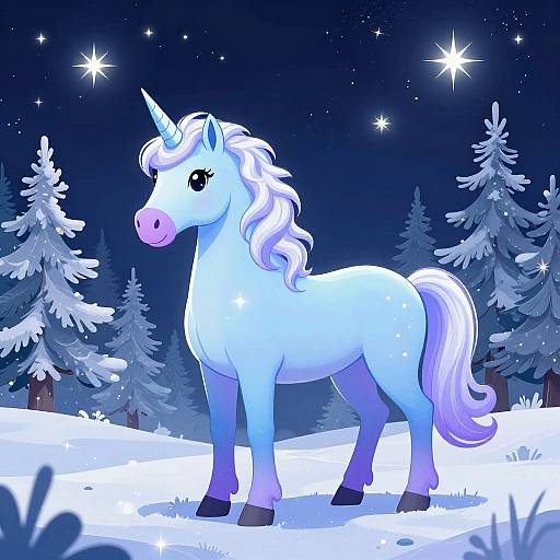 Digital illustration of a glowing, light-blue unicorn with a white mane and tail, standing in a snowy forest under a starry night sky.