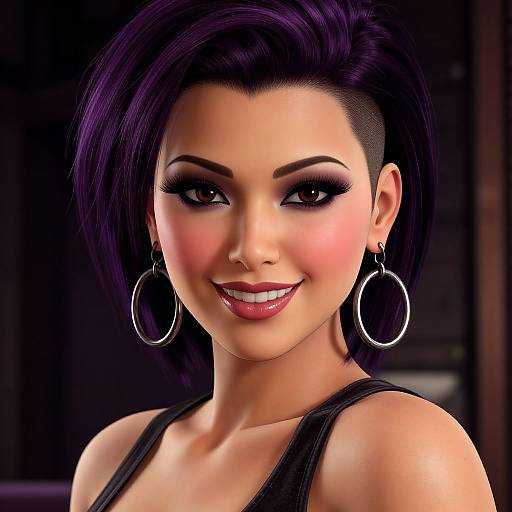Digital portrait of a smiling woman with short, dark purple hair, undercut, large hoop earrings, black tank top, and bold makeup.