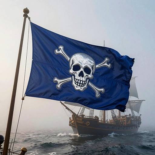Photograph of a pirate ship with a blue Jolly Roger flag featuring a white skull and crossbones, sailing through misty waters.