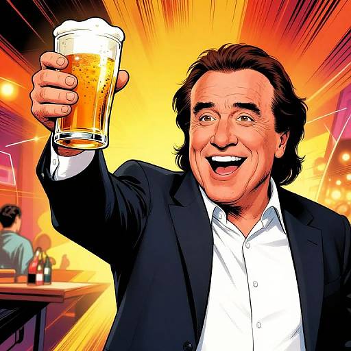 Comic-style drawing of a smiling middle-aged man in a black suit and white shirt, raising a frothy beer glass, set against a vibrant, radiant