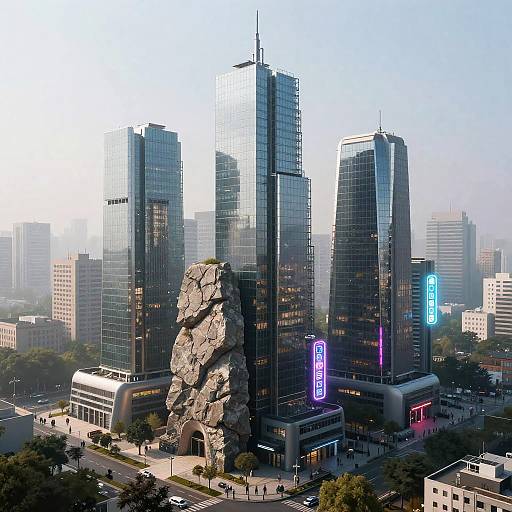 Photograph of futuristic skyscrapers with glass facades and neon signs, featuring a large, rocky structure integrated into the central building. Urban cityscape