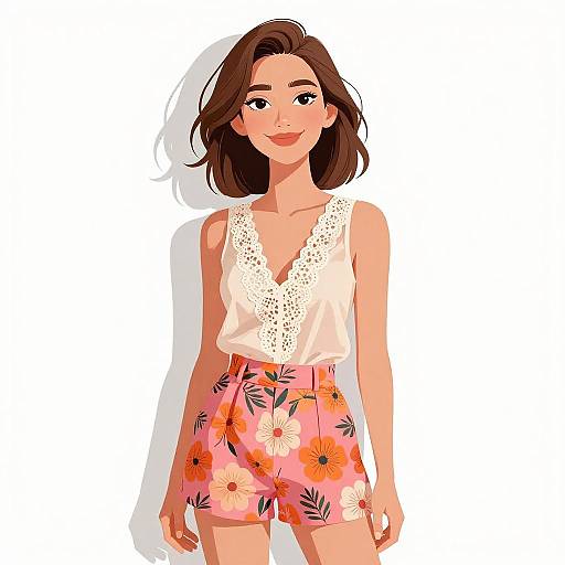 Digital illustration of a smiling woman with light skin and brown hair, wearing a white lace sleeveless top and pink floral shorts.