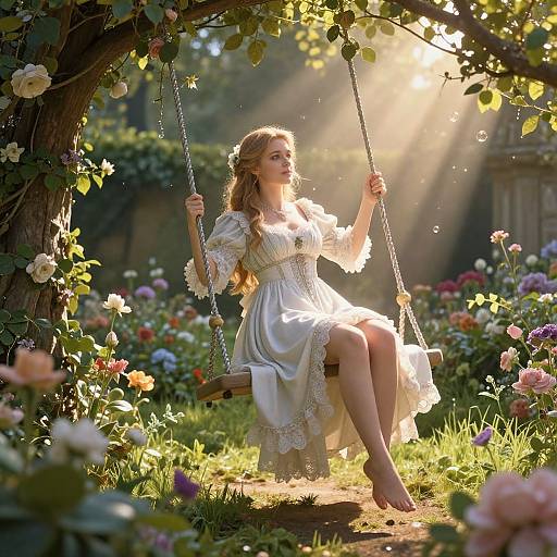 Photograph of a blonde woman in a white lace dress, sitting on a wooden swing in a sunlit, flower-filled garden. Sunbeams filter
