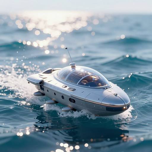 Photorealistic image of a sleek, silver, futuristic speedboat with a transparent dome, slicing through sparkling blue ocean waves.