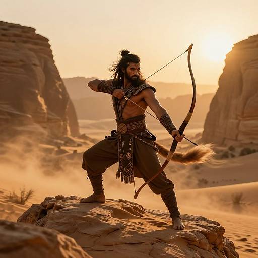 Photograph of a muscular, dark-haired Native American warrior with a bow, standing on a rock in a desert at sunset, wearing tribal attire, with
