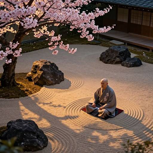 Photograph of an elderly Japanese man in traditional attire, sitting on a red mat in a serene, sunlit Zen garden with cherry blossoms and r
