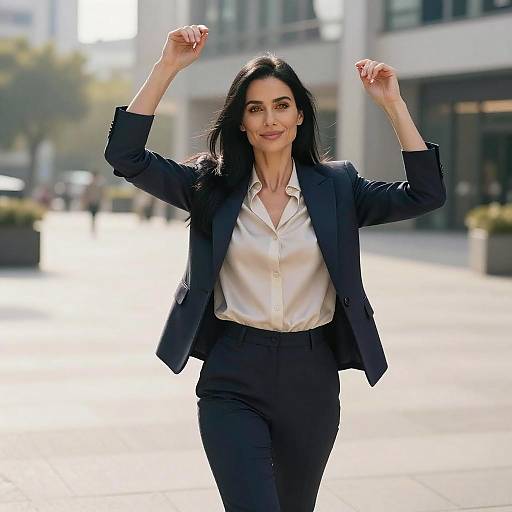 Photograph of a confident, smiling, dark-haired woman in a black suit, white blouse, and black pants, arms raised, walking in a sunny