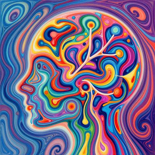 Vibrant abstract digital art: colorful swirls in red, blue, yellow, and orange form a head-like shape with a white line, set