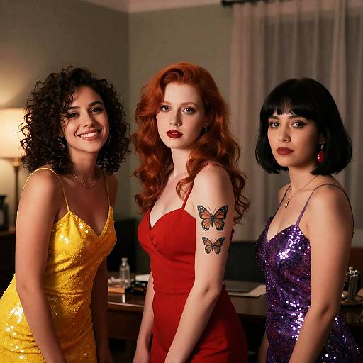 Three Women in a Dimly Lit Room