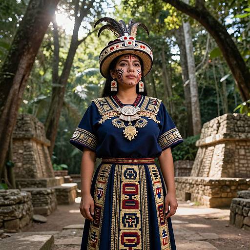 Photograph of an Indigenous woman in traditional Mayan attire, featuring intricate blue and gold patterns, feathered headdress, and red face paint, standing