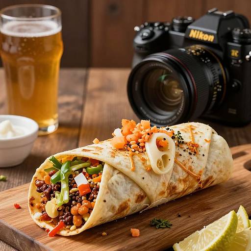 Photograph of a beef and vegetable burrito topped with orange crumbles, on a wooden board, with a Nikon camera and beer in the background.