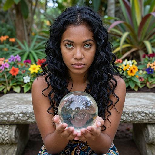 Photograph of a young Black woman with curly black hair, holding a clear glass orb with heart reflections, surrounded by vibrant garden flowers and a stone bench